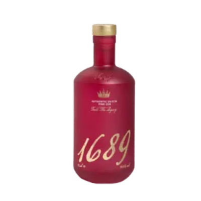 Elegant bottle of 1689 Authentic Dutch Pink Gin with gold lettering and crown emblem