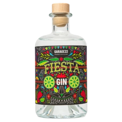 Bottle of Fiesta Gin by Garage22 with a colorful label