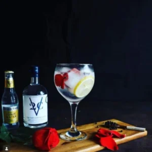 V2C Navy Strength Dutch Dry Gin cocktail in balloon glass with lemon, rose petals and Fever-Tree tonic — premium craft gin serve from Amsterdam