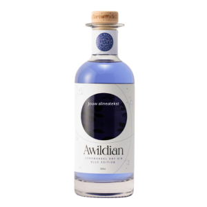 Bottle of Awildian Coromandel Dry Gin Blue Edition with vibrant blue colour and minimalist label.
