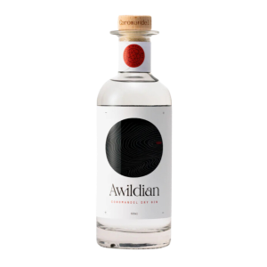 Bottle of Awildian Coromandel Dry Gin with minimalist design and wooden cork.