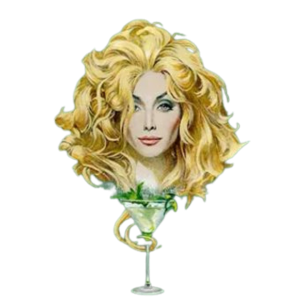 Illustration of the Daffy’s Gin logo featuring a glamorous blonde woman with voluminous curls emerging from a cocktail glass.