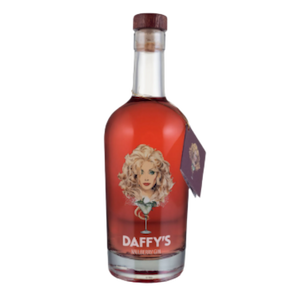 Bottle of Daffy's Mulberry Gin with a vivid red hue and illustrated female figure on the label.