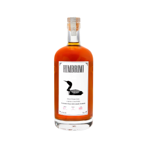 Himbrimi Old Tom Gin bottle from Iceland with deep amber color and bird illustration