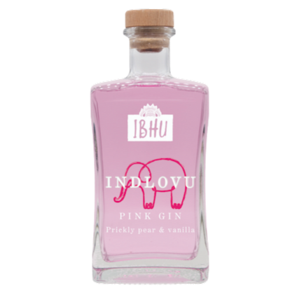 Indlovu Pink Gin bottle with pink color and white elephant logo