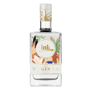 Bottle of Ink Art Gin from Australia with colourful label and gold accents