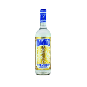Bottle of Okavango The Sentinel Gin with blue and gold label and African-inspired design