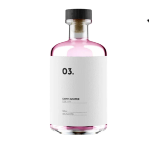 Saint Juniper 03. pink gin bottle with minimalist white label and black cap