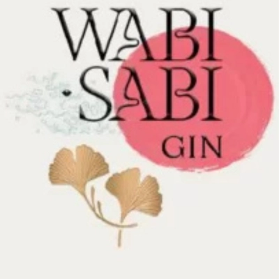 Wabi Sabi Gin logo with black typography, a pink circle in the background, and two golden ginkgo leaves.