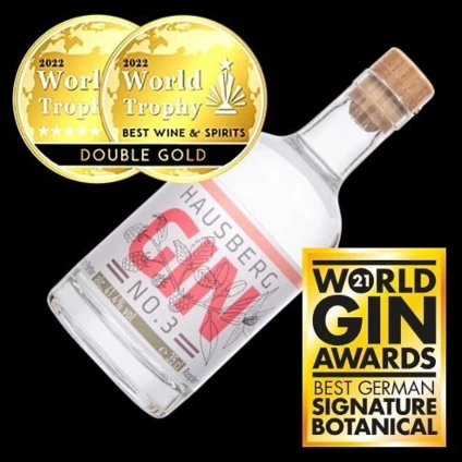Award-winning Hausberg No.3 Gin bottle with gold medals and World Gin Awards badge