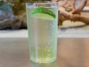 Aviemore Fizz, a tall cocktail glass with a fizzy gin cocktail, garnished with lime, set in a stylish bar with natural décor.