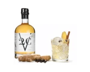 V2C Barrel Aged Dutch Dry Gin smokey cocktail with ginger root, cinnamon stick and juniper berries in rocks glass — oak aged craft gin serve from Amsterdam