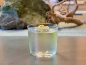 Spring Waltz in a Lowball glass with a clear botanical cocktail on ice, garnished with lemon zest in a minimalist Japanese-style bar.