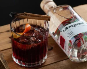 Winter Negroni cocktail with dark red colour, orange peel and cinnamon served in a rocks glass next to a gin bottle