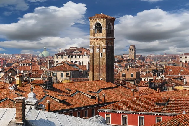 Venice skyline with terracotta rooftops and historic bell tower