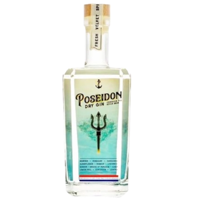 Bottle of Poseidon Dry Gin distilled with wakame seaweed, Dutch maritime gin.