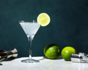 Gimlet cocktail served in a martini glass with lime garnish