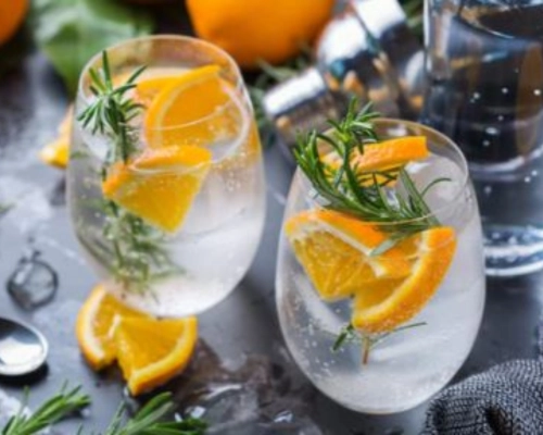 Mediterranean gin tonic served with orange slices and rosemary