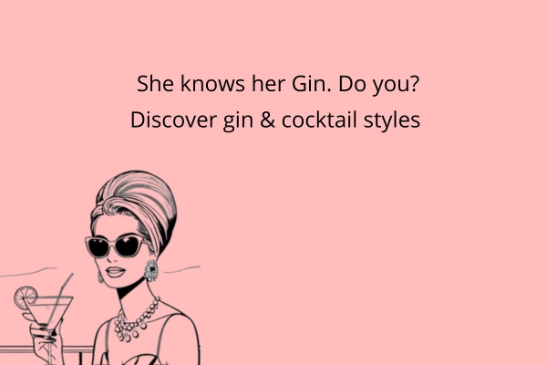 Retro woman with cocktail introducing gin types and cocktail styles guide on The Gin Genie