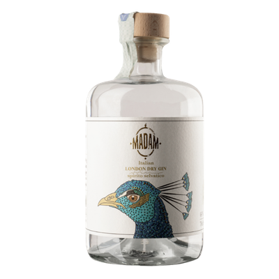 Madam Italian London Dry Gin bottle with peacock illustration