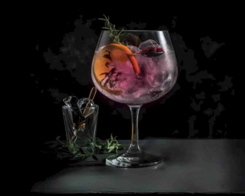 The Dark Harvest — a bold and mysterious gin cocktail served in a balloon glass with orange slice, rosemary and dark berry garnish