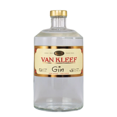 Glass bottle of Van Kleef Gin (1 litre, 43% alc.) with gold cap and beige label, Den Haag – Holland